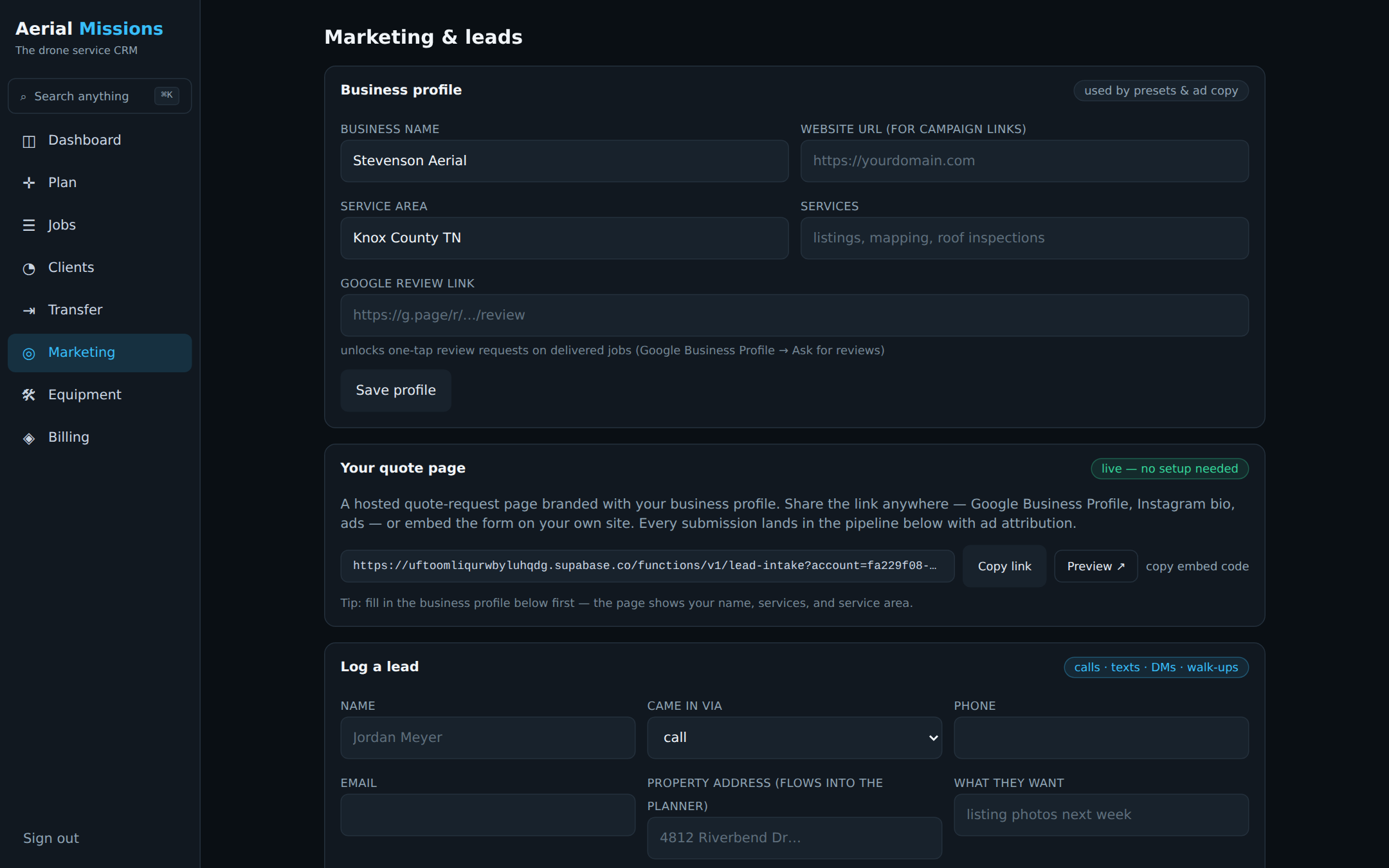 Marketing pipeline with leads from Google Ads and Facebook, preset responses, campaigns with tracked links