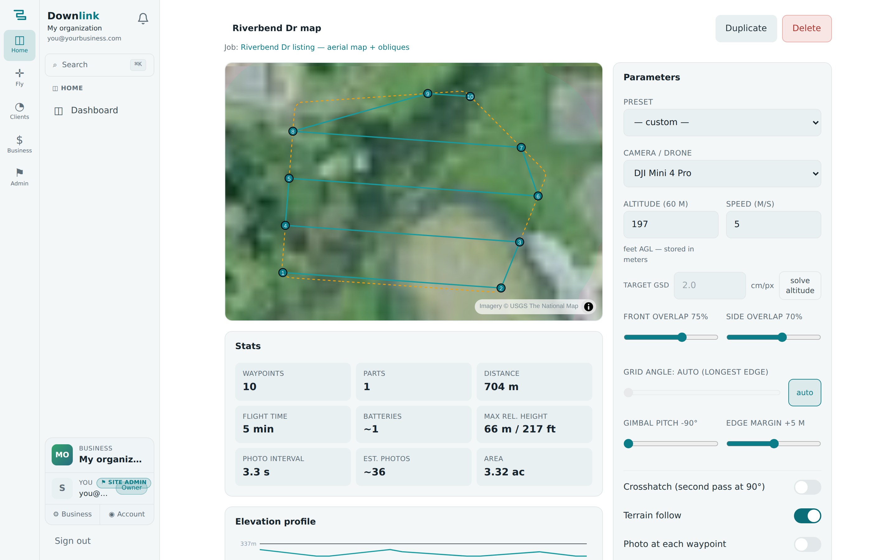 Downlink mission planner: mapping grid with numbered waypoints and live overlap/GSD