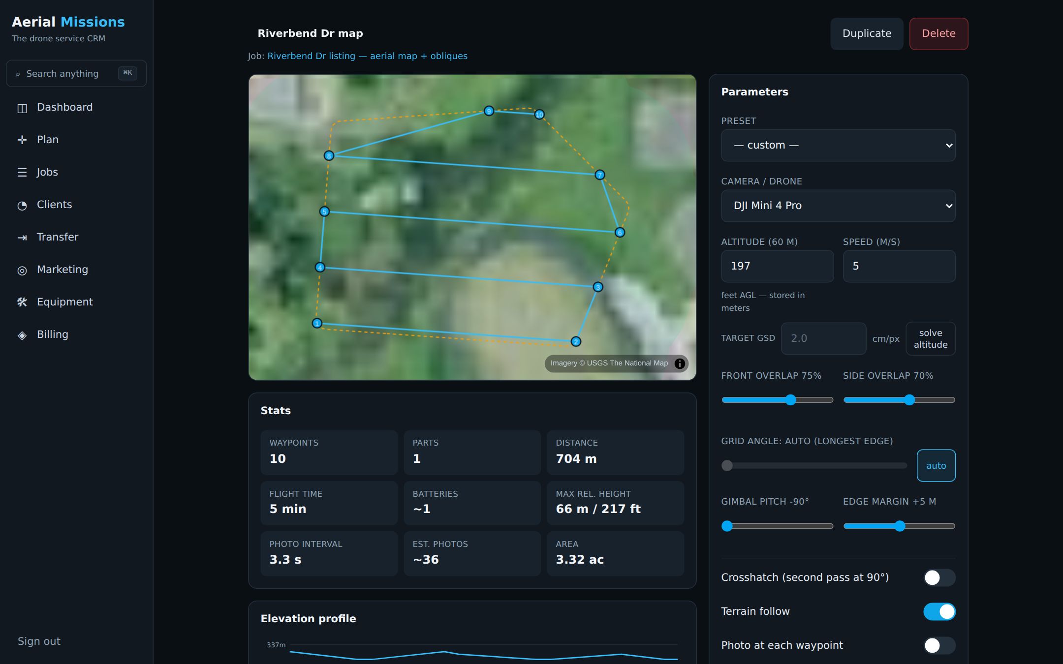 Saved mission with stats: waypoints, parts, flight time, batteries, max relative height, photo interval, elevation profile