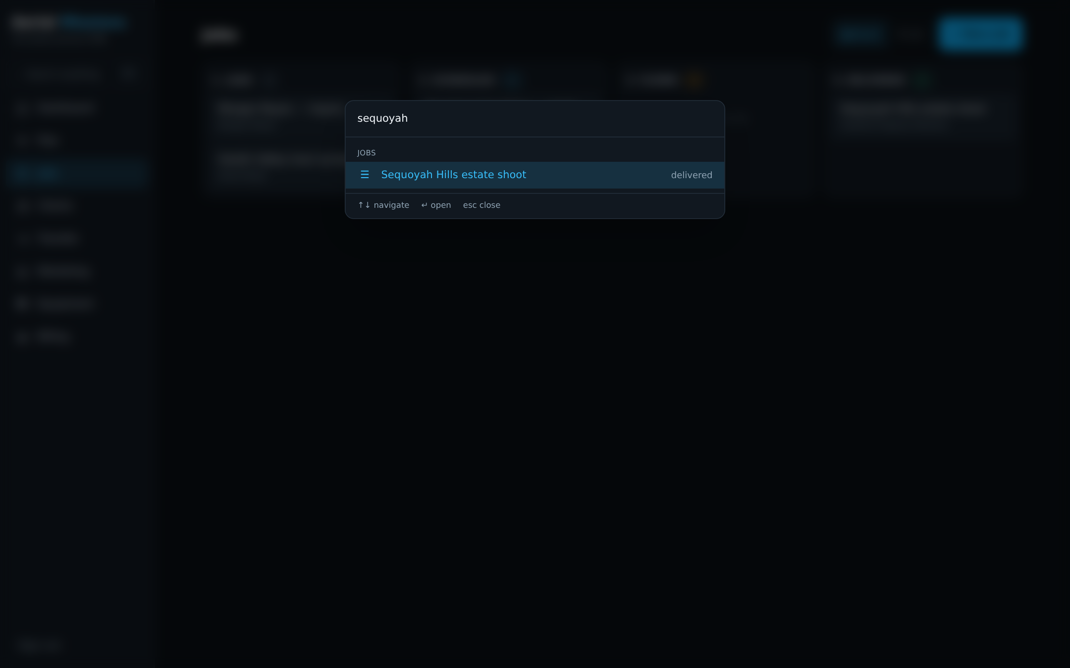 Command palette searching across clients, jobs, leads, missions and addresses