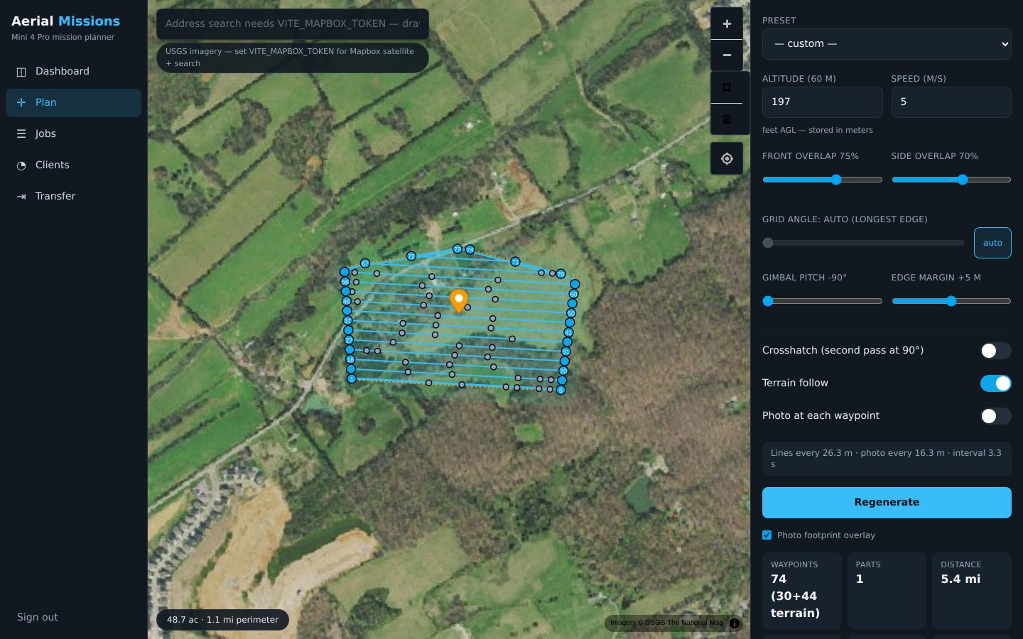Downlink planner: serpentine mapping grid with numbered waypoints over satellite imagery, live overlap and GSD math